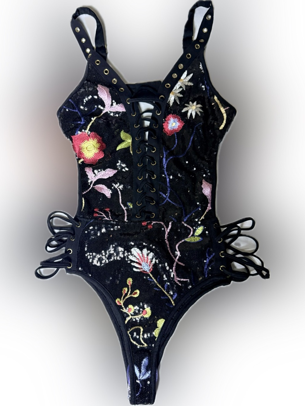 Fashion Nova Black Floral Sequin Lace-Up One-Piece